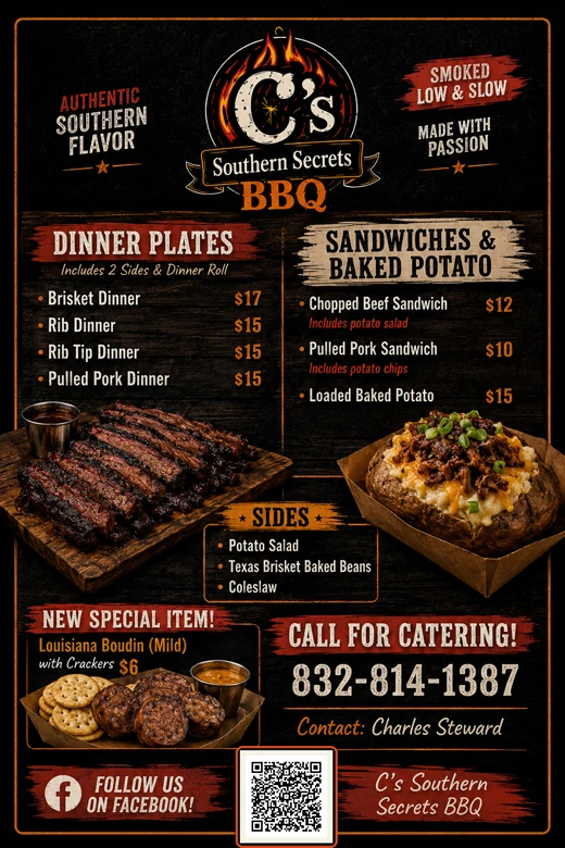 C's Southern Secrets BBQ black catering menu