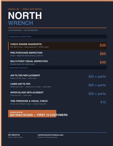 NorthWrench service and labor rate sheet